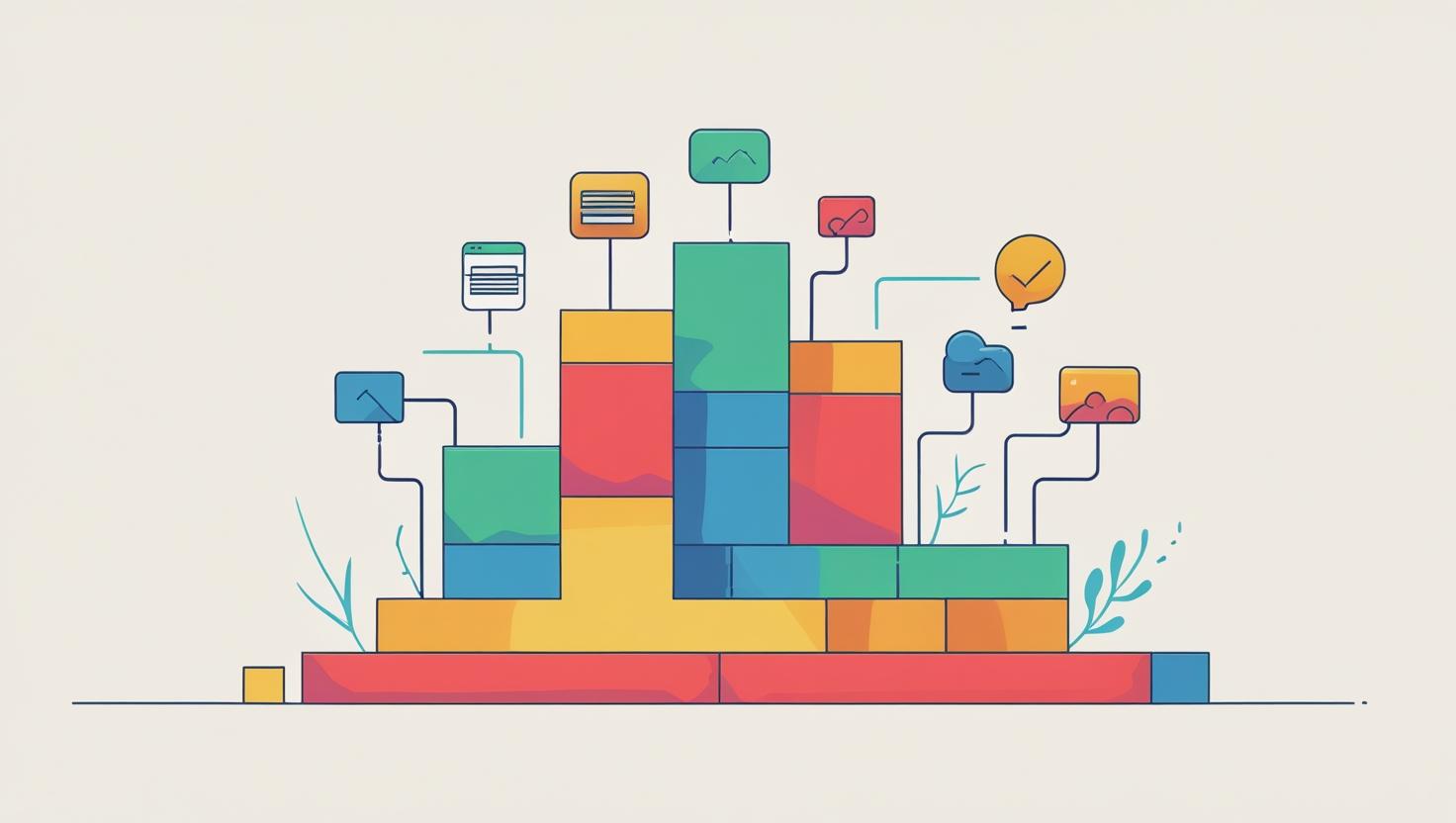 Colorful blocks with digital icons above.