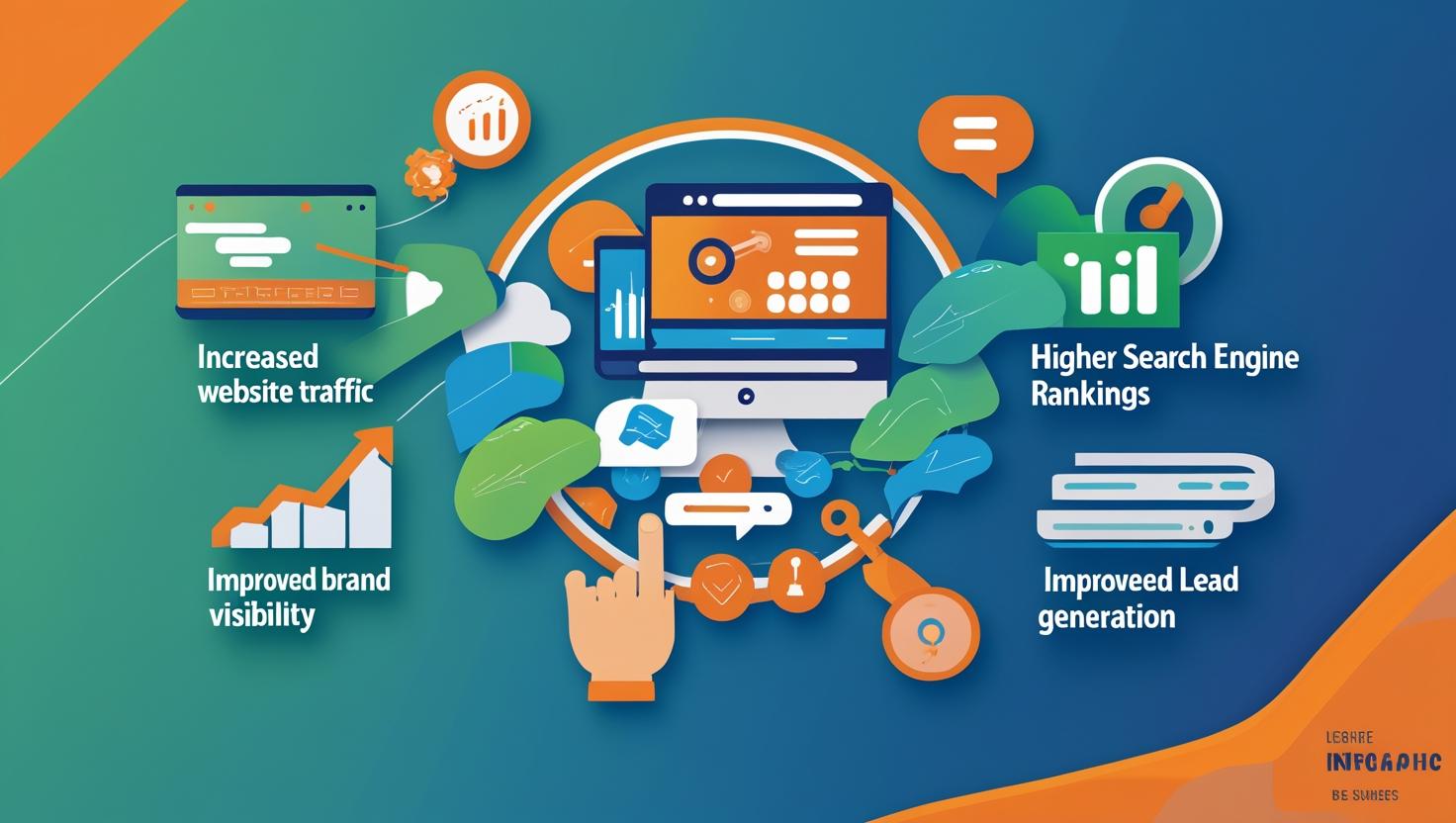 Infographic showing key SEO benefits like website traffic, brand visibility, search rankings, and lead generation.