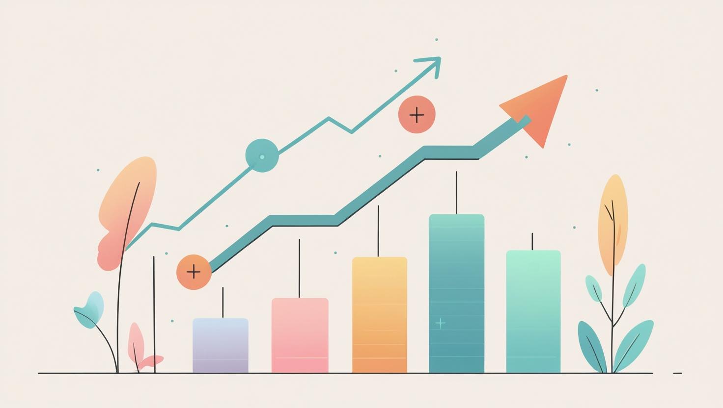 Pastel bar chart with upward arrows.